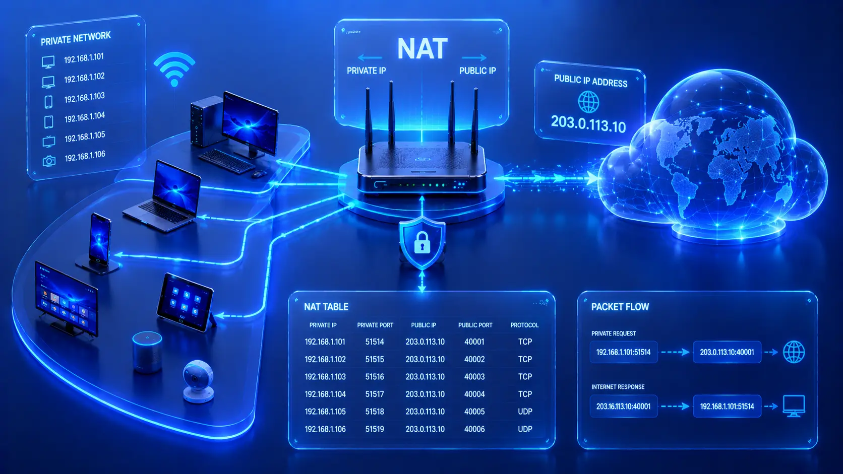 Premium illustration showing how Network Address Translation converts multiple private IP addresses into a single public IP address.