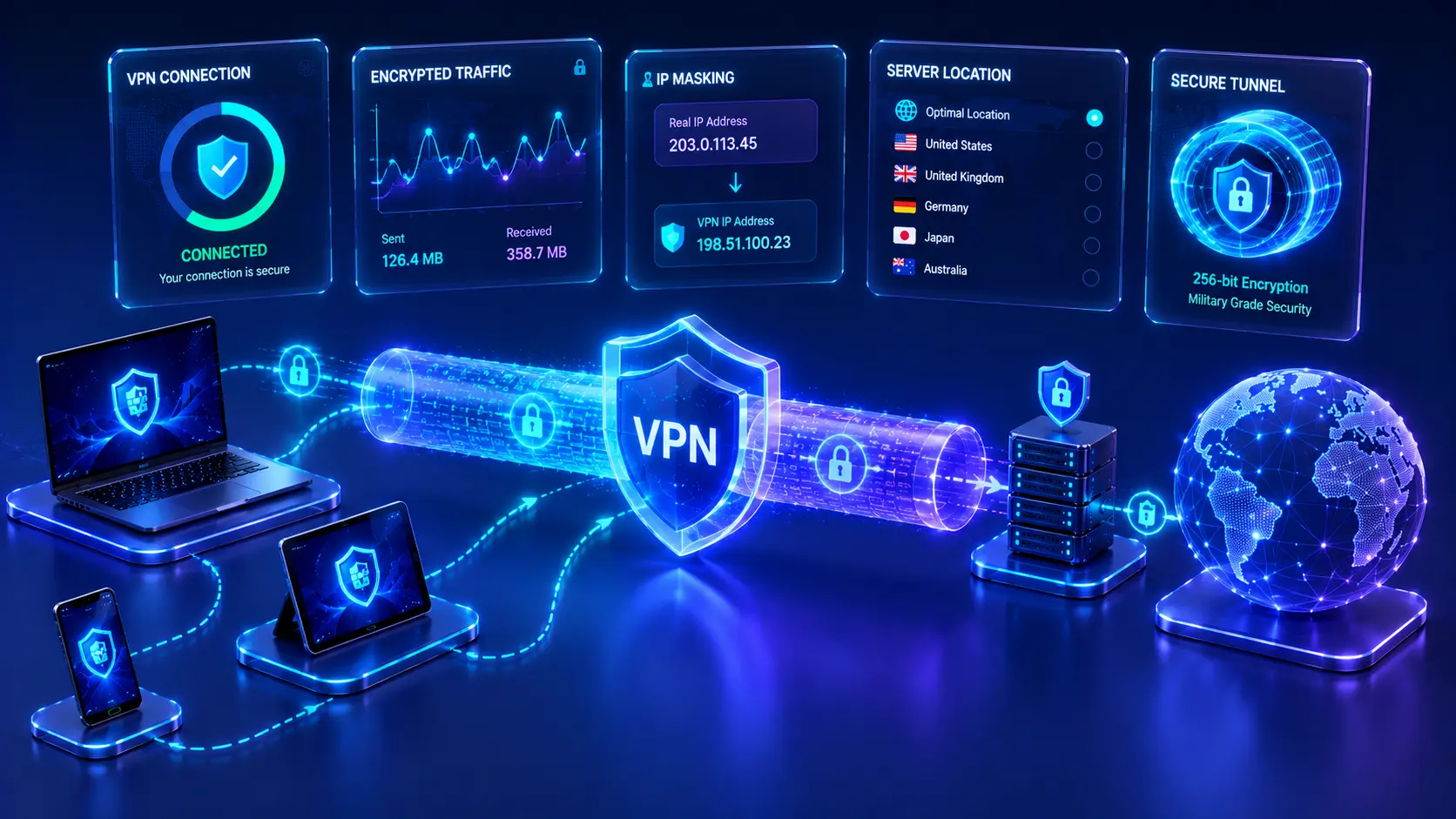 Premium illustration showing an encrypted VPN tunnel protecting internet traffic between user devices and a VPN server.