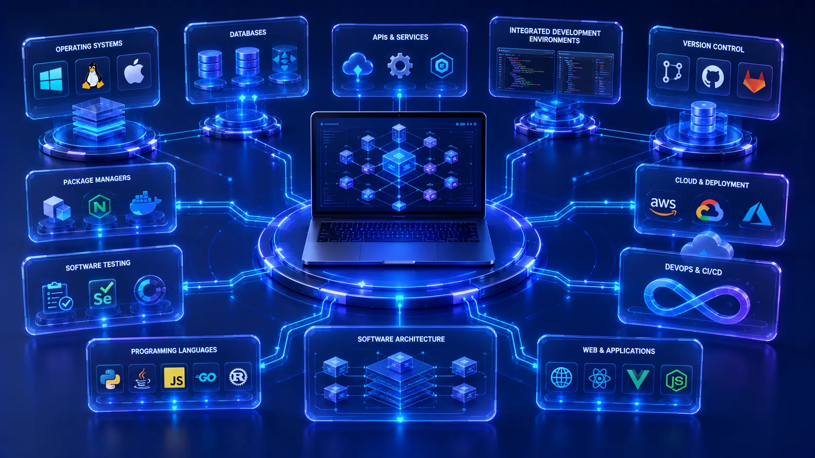 Illustration of the modern software development ecosystem connecting operating systems, databases, APIs, development tools, testing, and deployment.