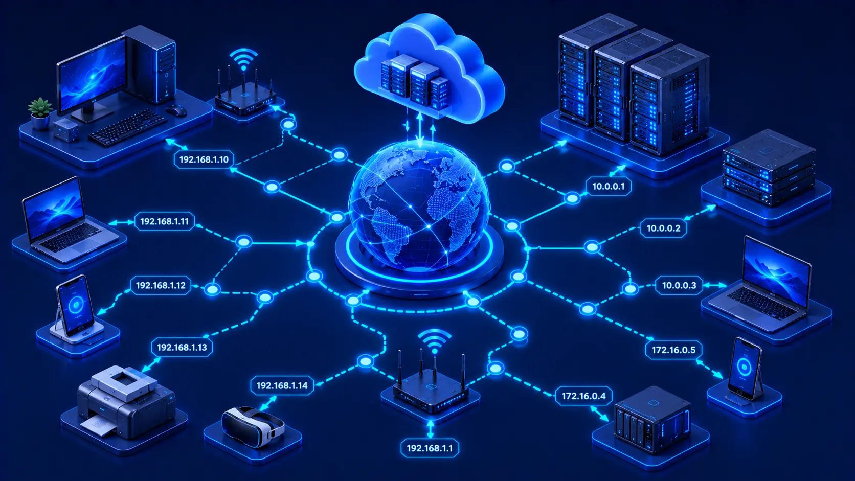 Illustration showing multiple network devices communicating through unique IP addresses.